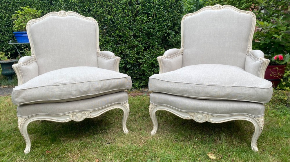 Pair of large painted Bergere armchairs in grey linen  View V