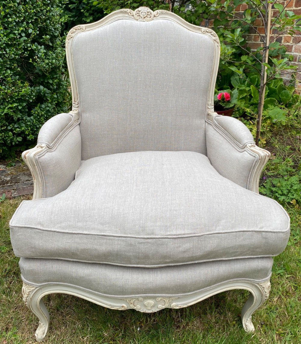 Pair of large painted Bergere armchairs in grey linen  View VI