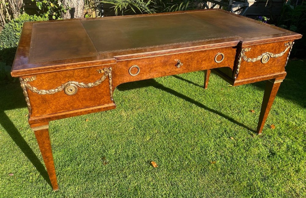 Burr elm writing table with desk chair 