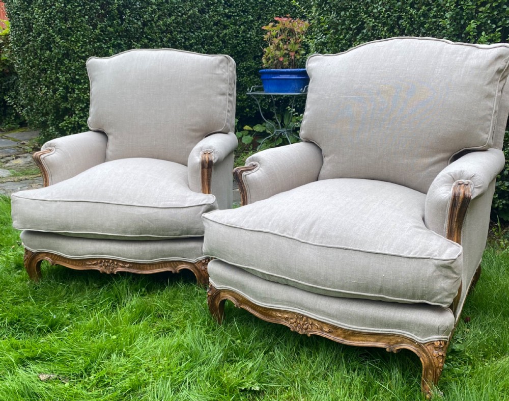 Pair of French Bergere armchairs in grey linen View II