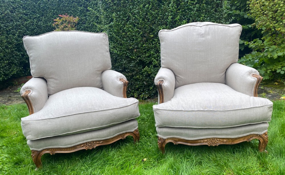 Pair of French Bergere armchairs in grey linen View V