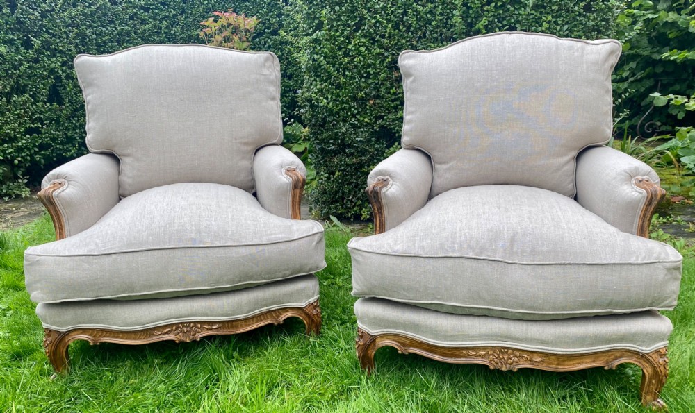Pair of French Bergere armchairs in grey linen View VI