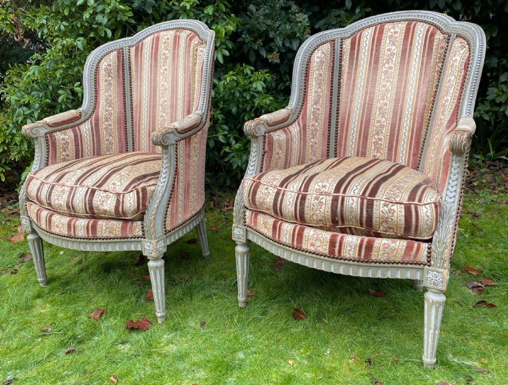 Pair of French Bergere armchairs in original paint  View II