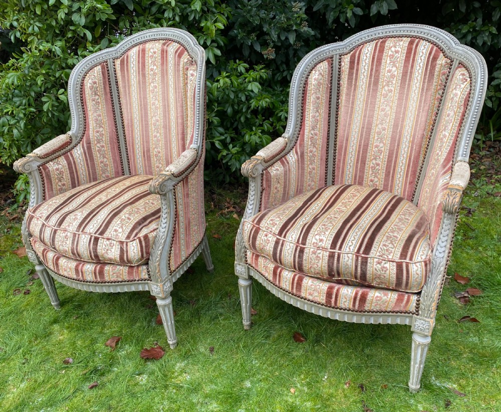 Pair of French Bergere armchairs in original paint  View V