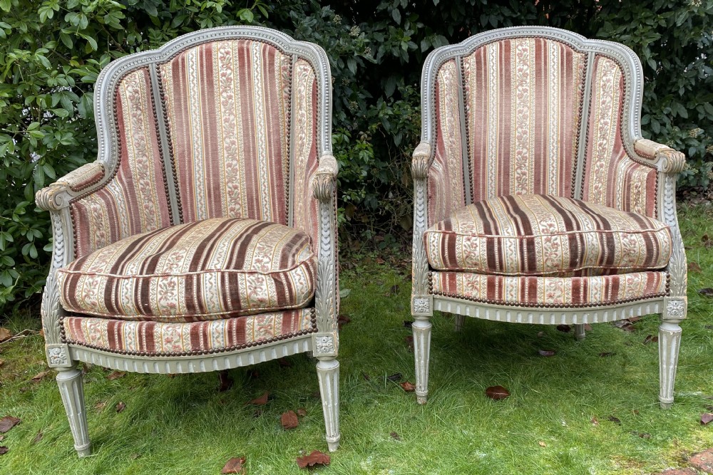 Pair of French Bergere armchairs in original paint 