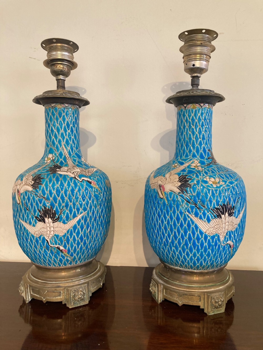 A pair of Turquoise Lamps with Cranes & Blossom 