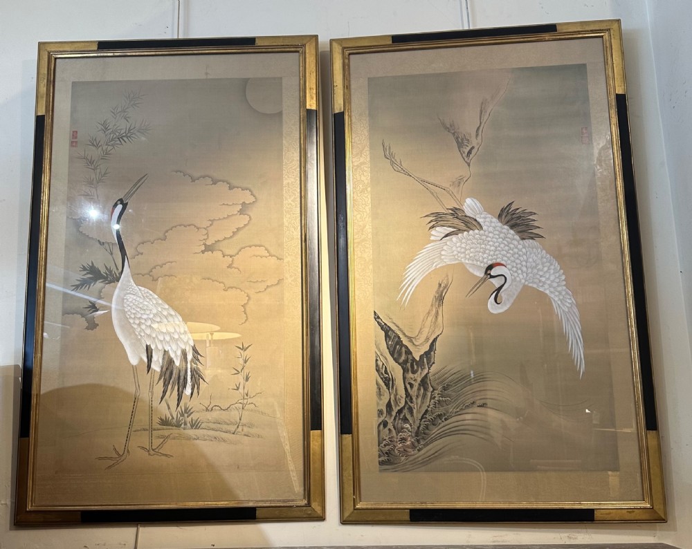 Pair Of Paintings of Cranes On Silk, Meiji Period 