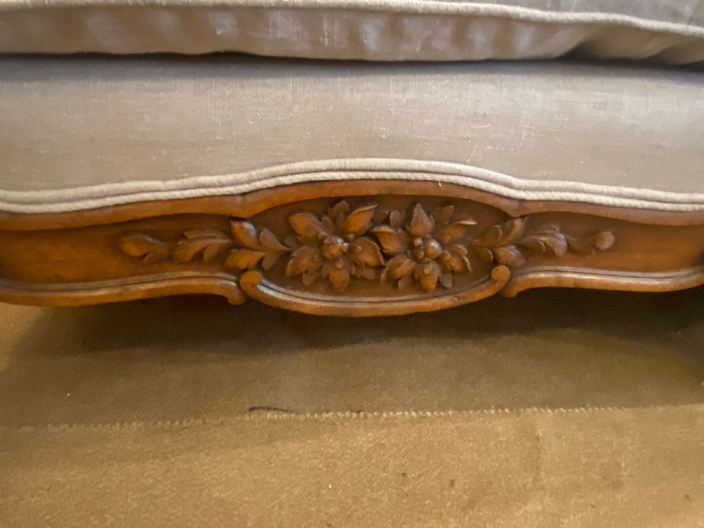 Large carved wood sofa in grey linen View IV