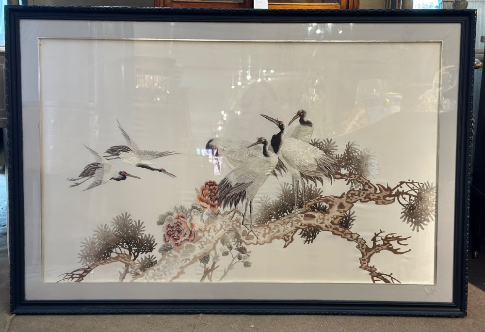 Large Silk Embroidery of Cranes