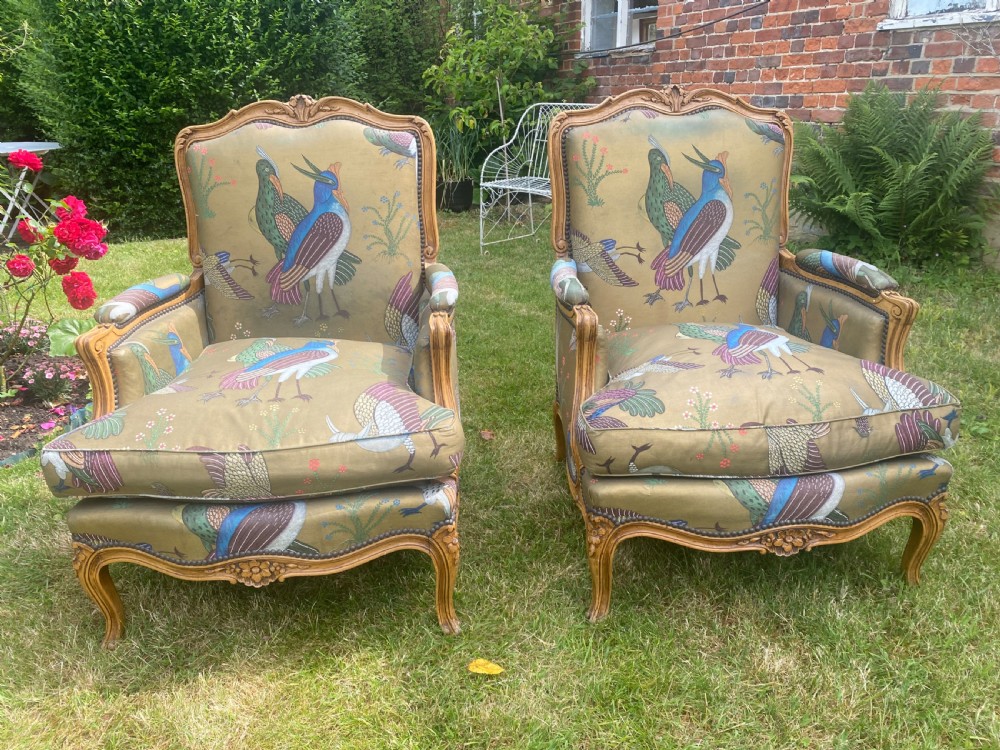 Pair of large French upholstered armchairs  View V