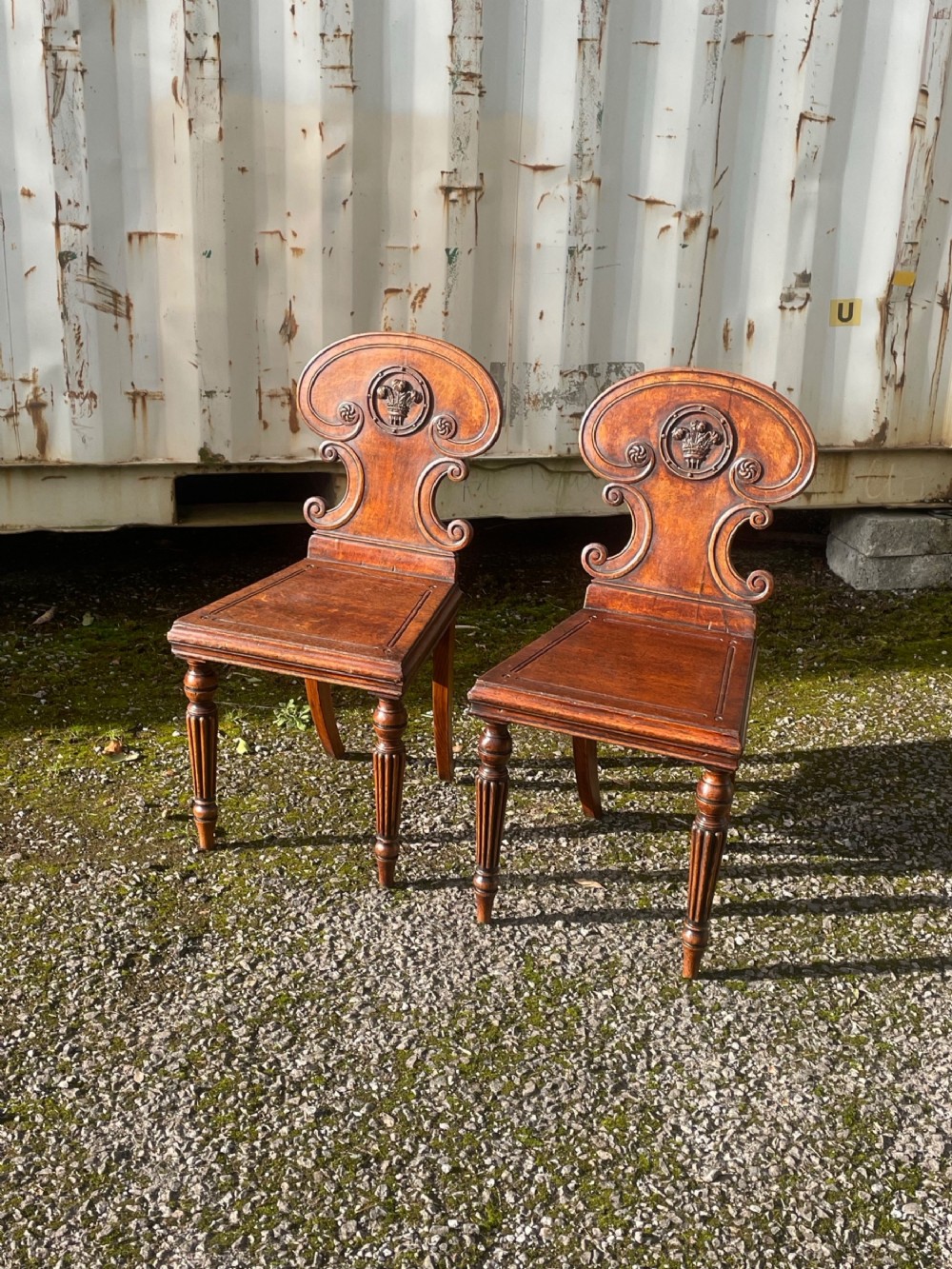 Rare pair of oak hall chairs 