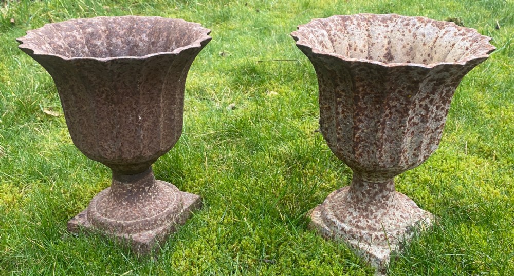 Pair of 19th Century cast iron garden urns View II