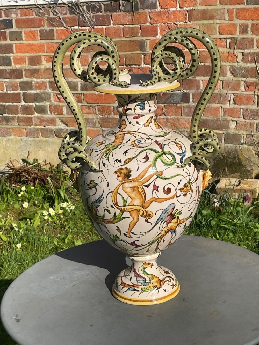 Italian Polychrome Maiolica Snake Handle Vase 