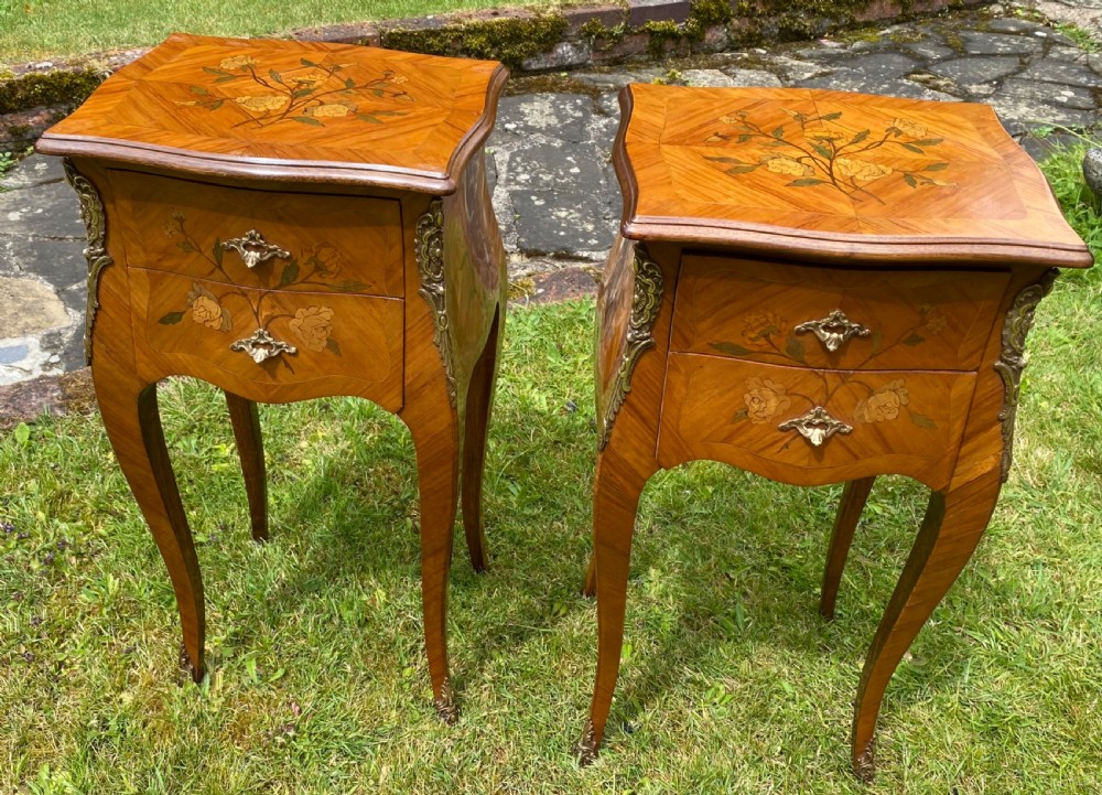 Pair of French Marquetry bedside tables  View II