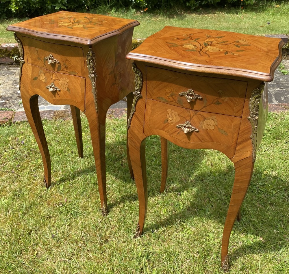 Pair of French Marquetry bedside tables  View VI