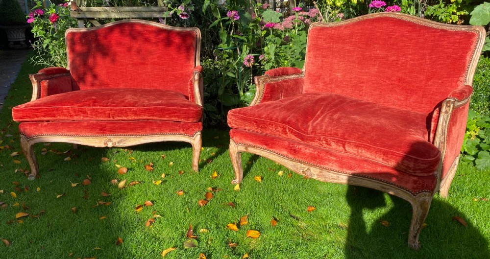 A pair of sofas in old rubbed paint finish with red velvet View IV