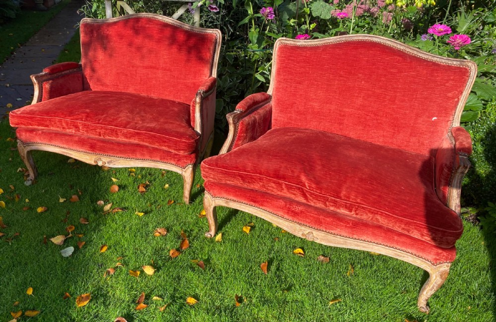A pair of sofas in old rubbed paint finish with red velvet View VI