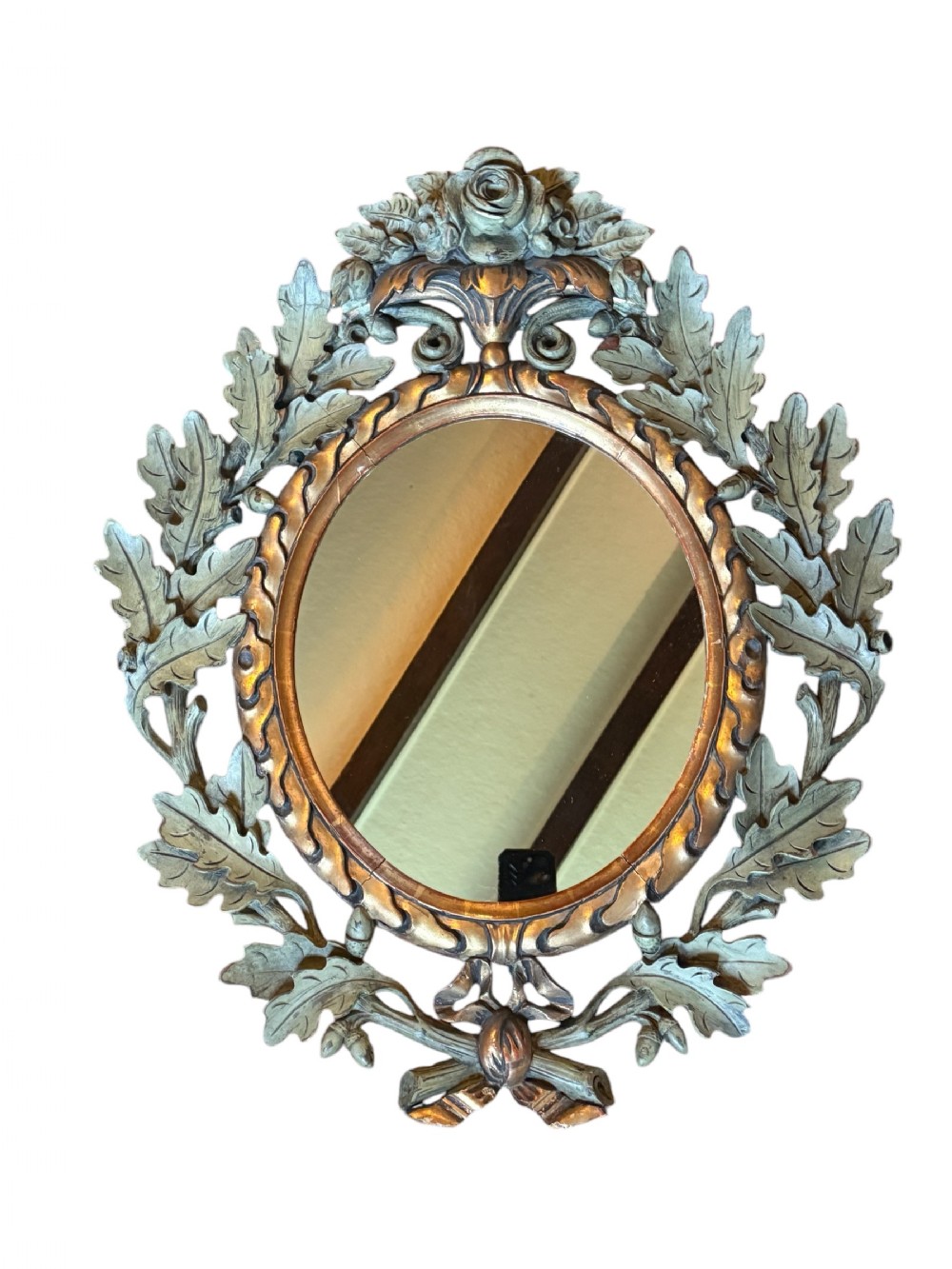 French Painted & Gilt Oak Leaf Mirror 