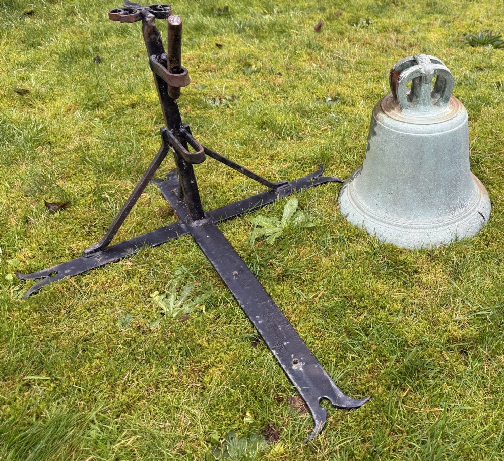A large bronze estate bell and support 