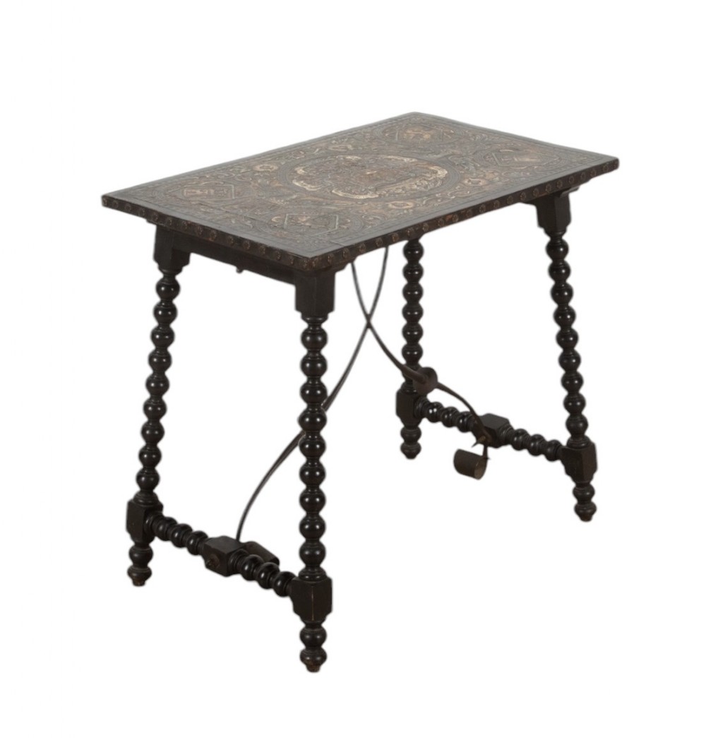 19th Century Spanish Ebonised Leather Top Table 
