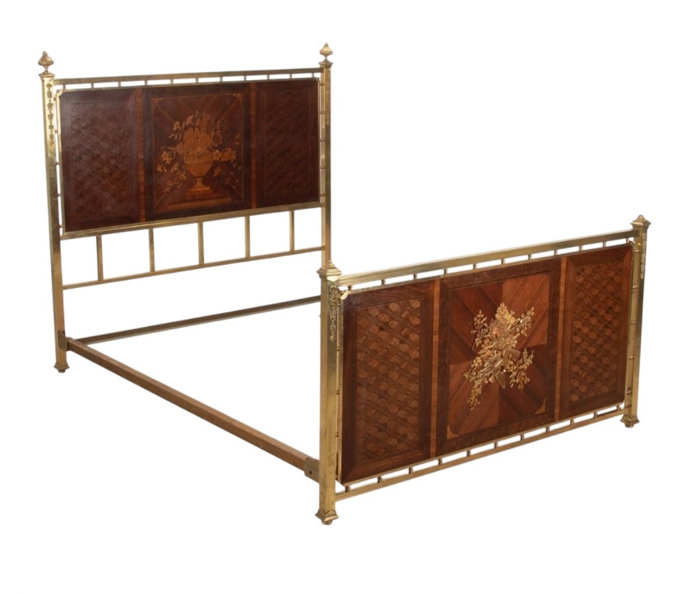 19th C French Brass & Parquetry Double Bed