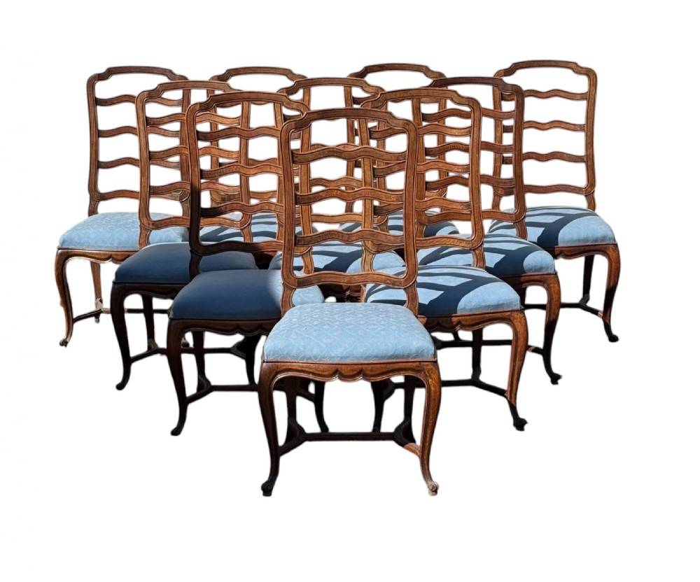 Set of 10 French Oak Ladder Back Dining or Kitchen Chairs 