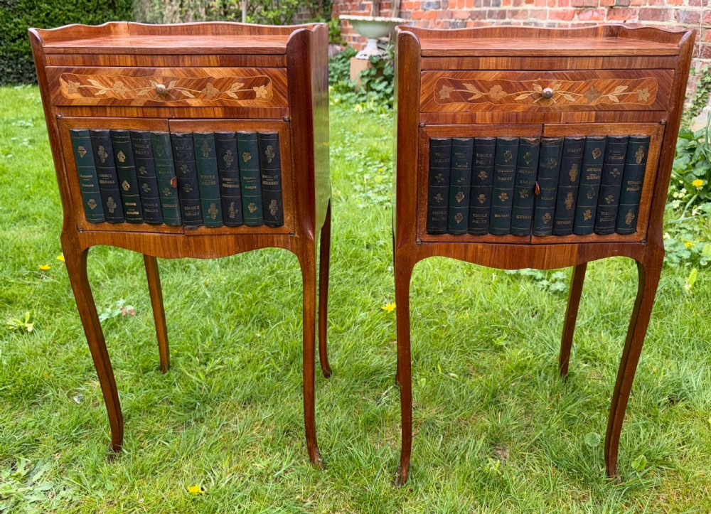 Pair of Inlaid bedside tables with book bindings 