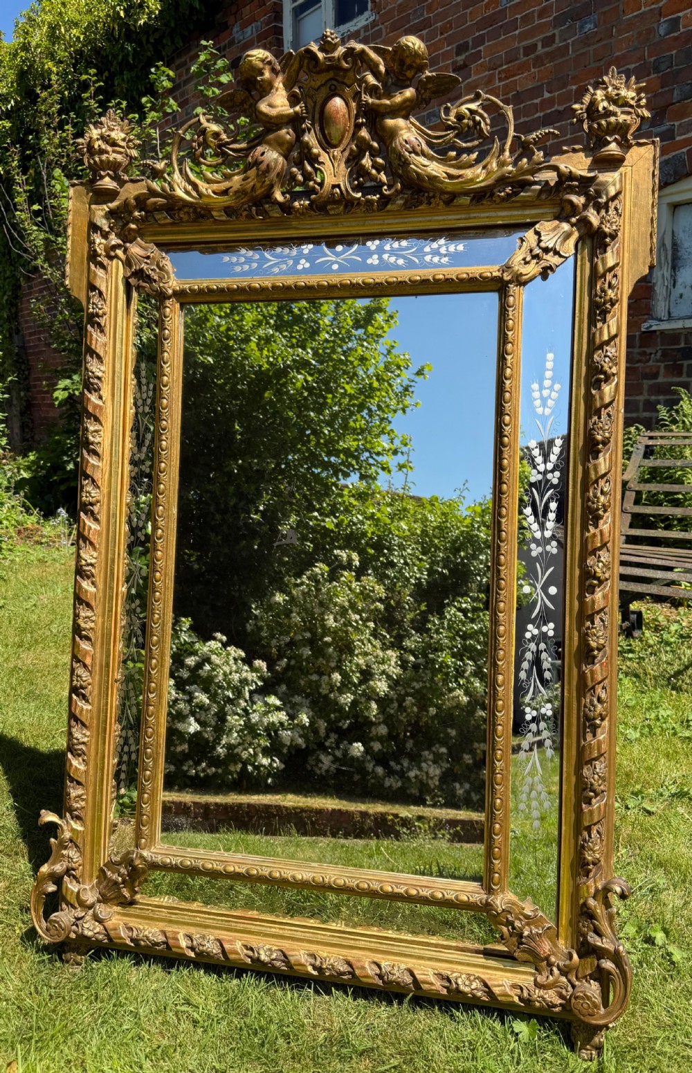 19th Century French gilt margin mirror with cherubs 