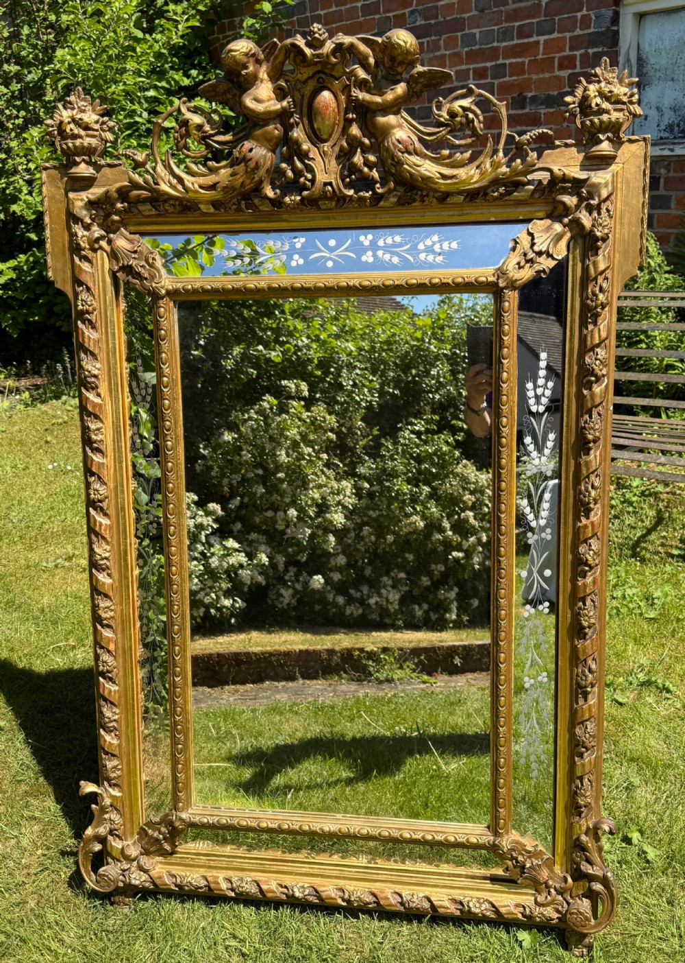 19th Century French gilt margin mirror with cherubs  View V