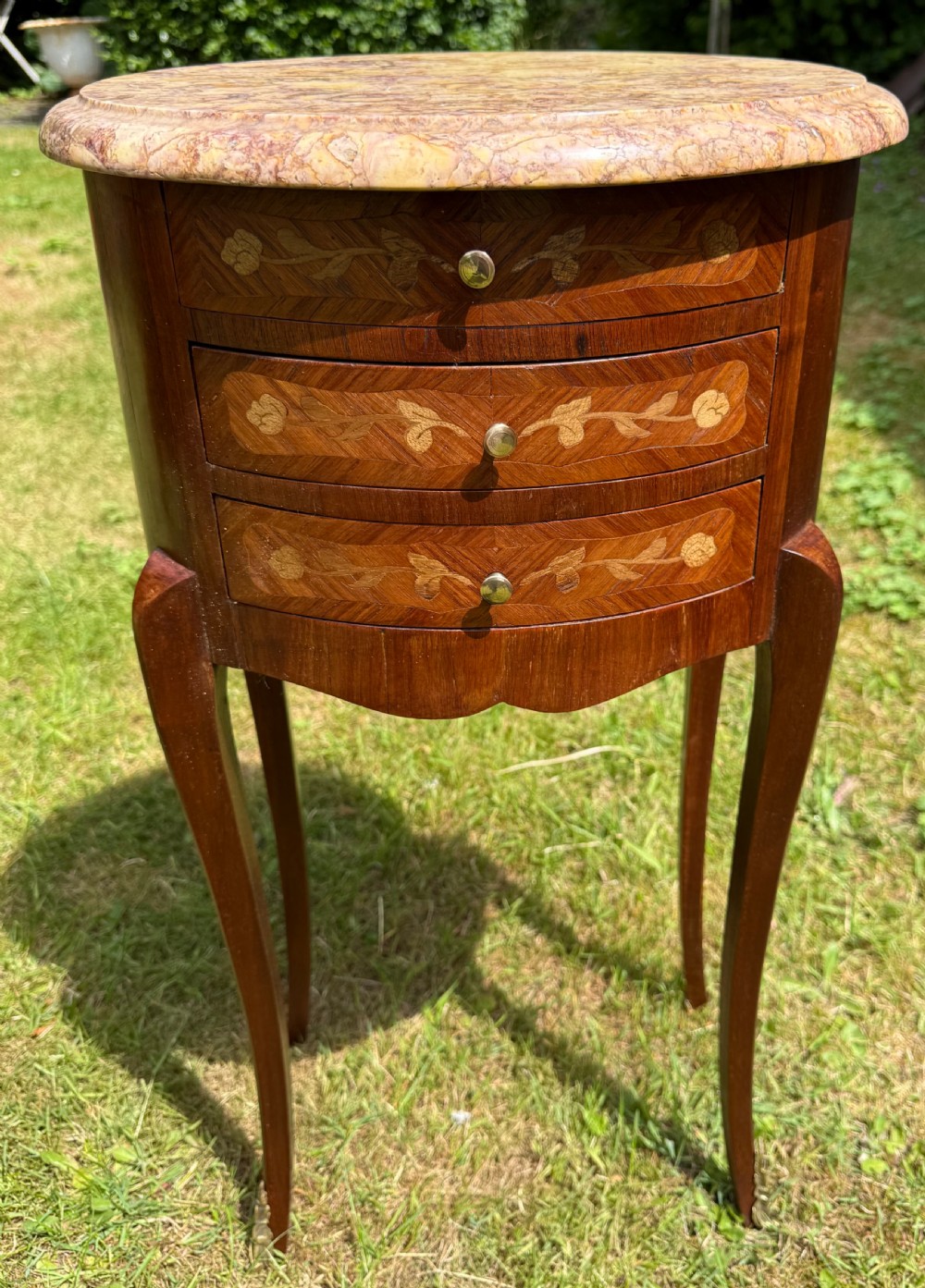 Pair of French oval marquetry bedside tables  View III