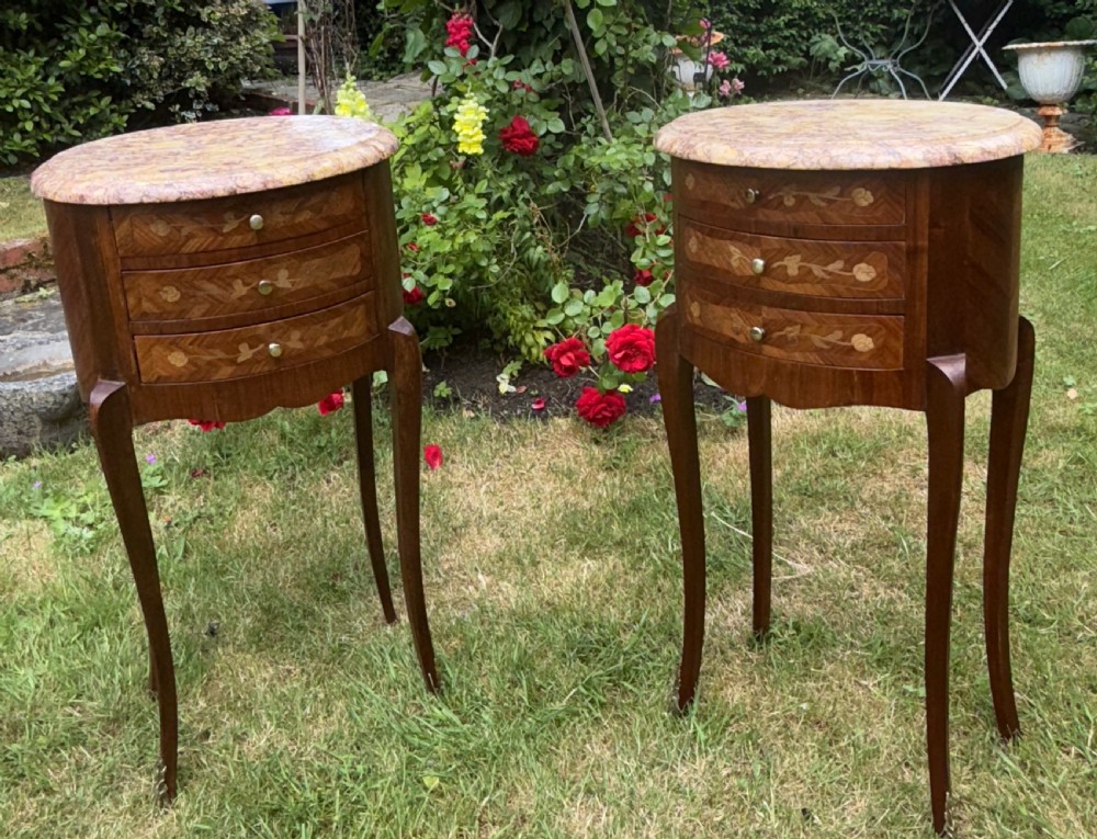 Pair of French oval marquetry bedside tables  View V