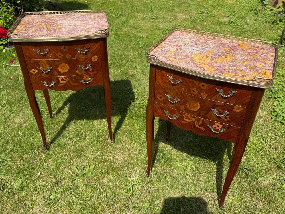Fine quality pair of marquetry bedside tables  View II