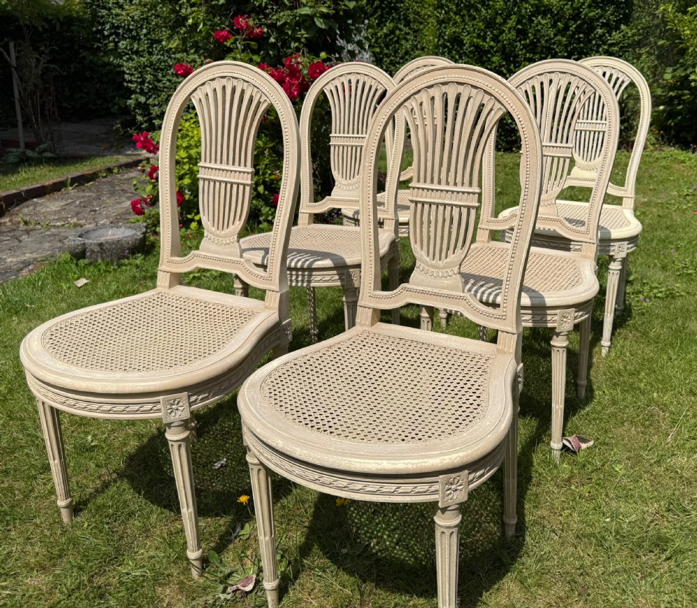 Set of six caned dinings chairs in old paint  View II