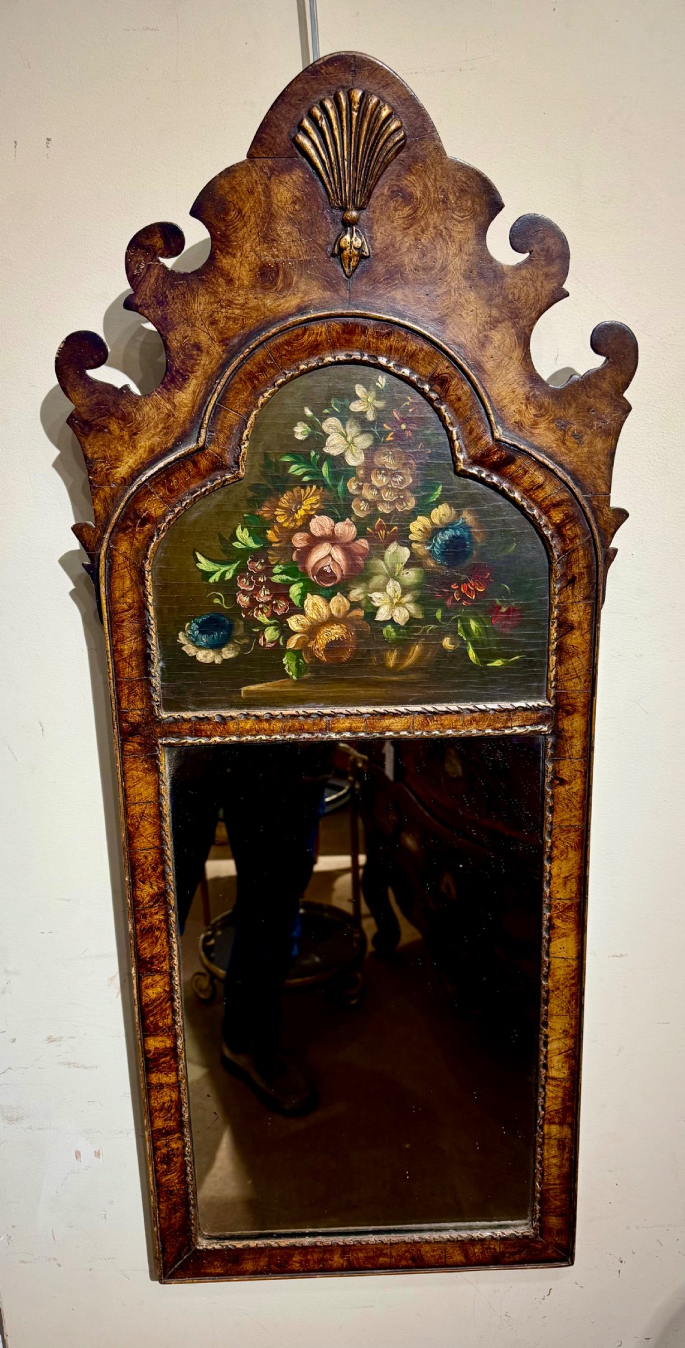 Fretwork mirror with painted flower panel