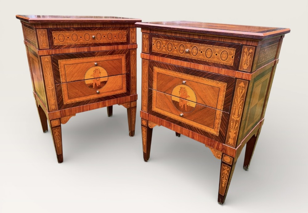 Pair of inlaid bedside tables in North Italian taste
