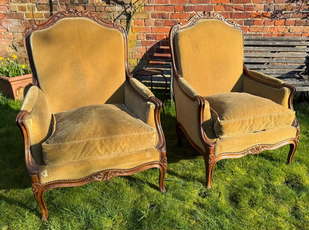 Large pair of carved walnut Bergere Armchairs 