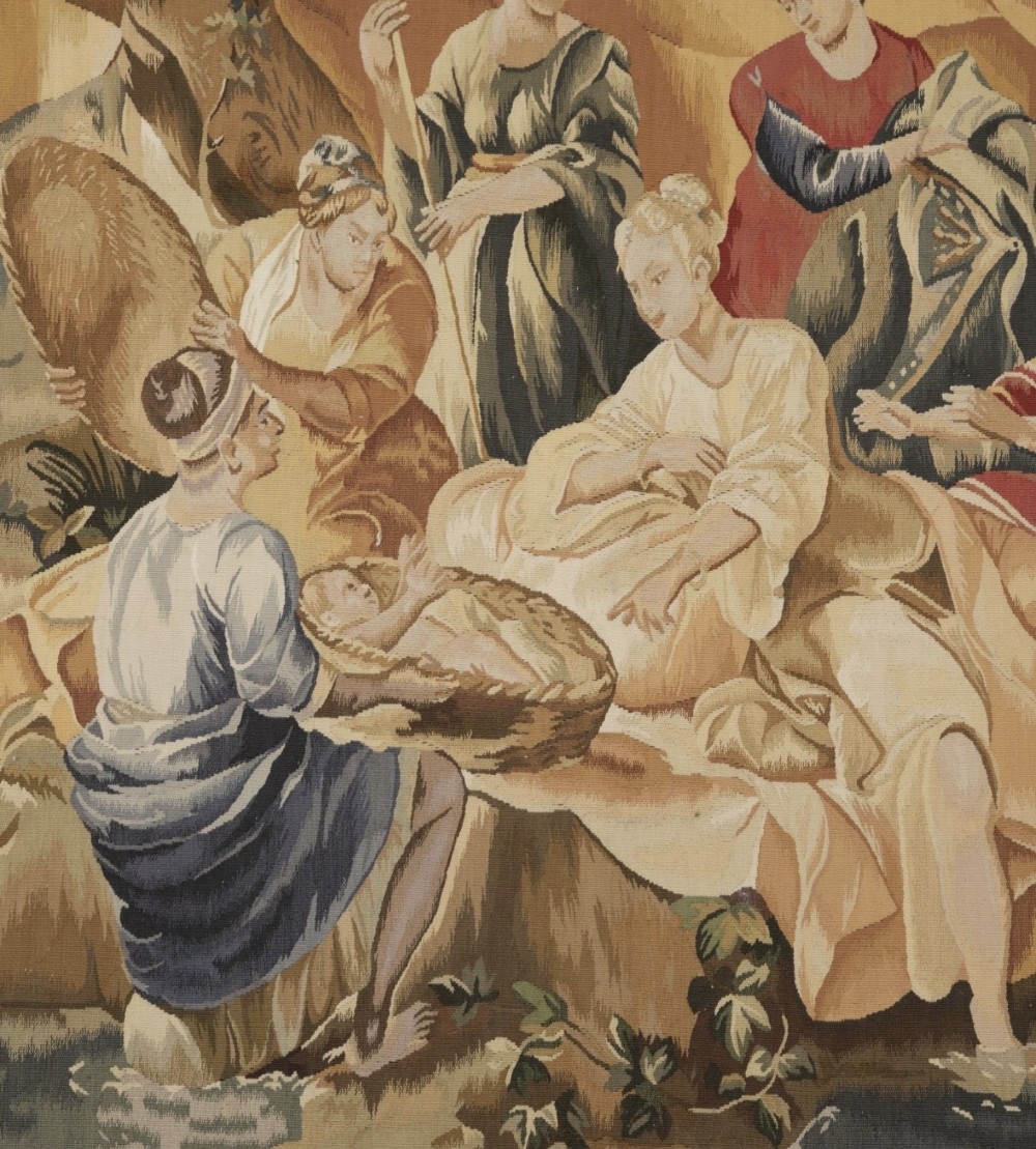 A large rectangular 19th-century French Aubusson style woven tapestry depicting figures under palm trees within a decorative foliage border. View VI