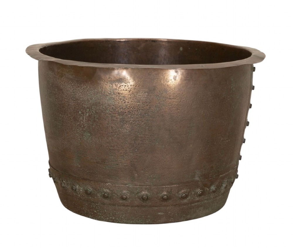 A nineteenth-century circular copper planter with hand-riveted seams, a flared rim, and a patinated coppery-brown surface. View II