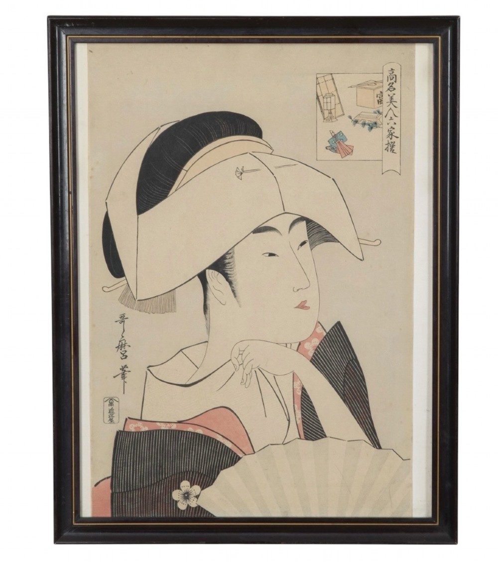 A set of four dark-framed Japanese ukiyo-e woodblock prints depicting traditional female portraits in muted tones on cream paper. View II