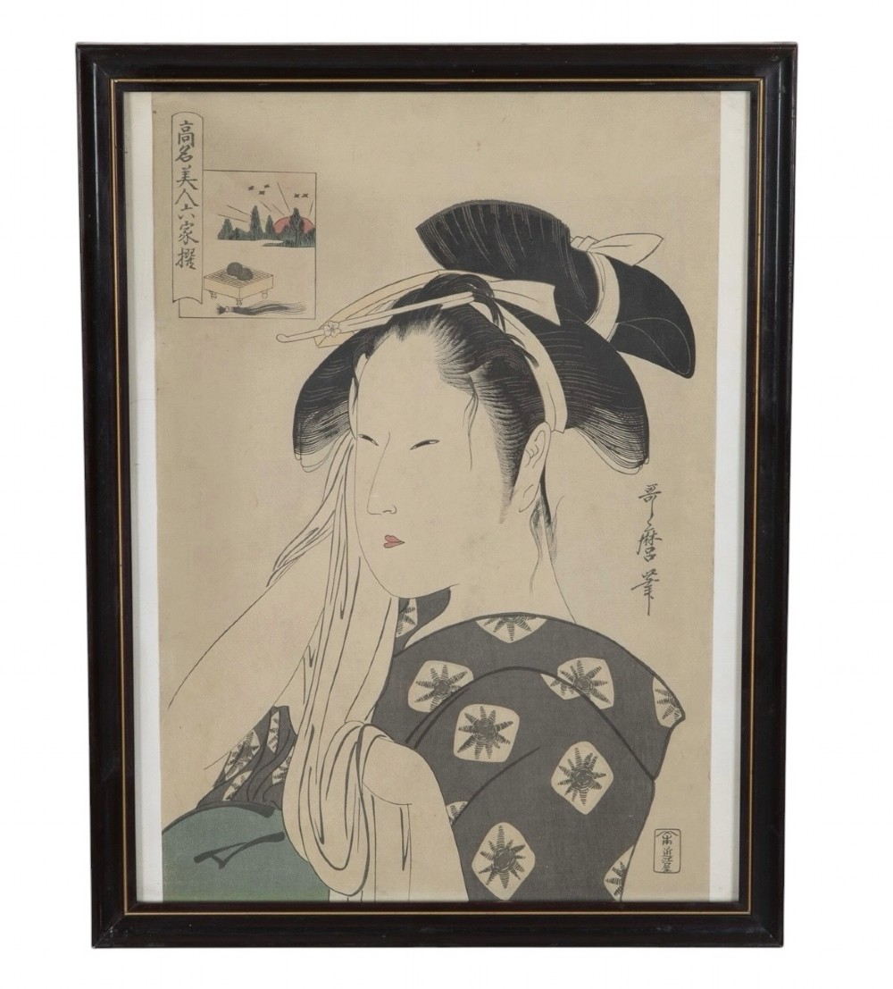 A set of four dark-framed Japanese ukiyo-e woodblock prints depicting traditional female portraits in muted tones on cream paper. View IV