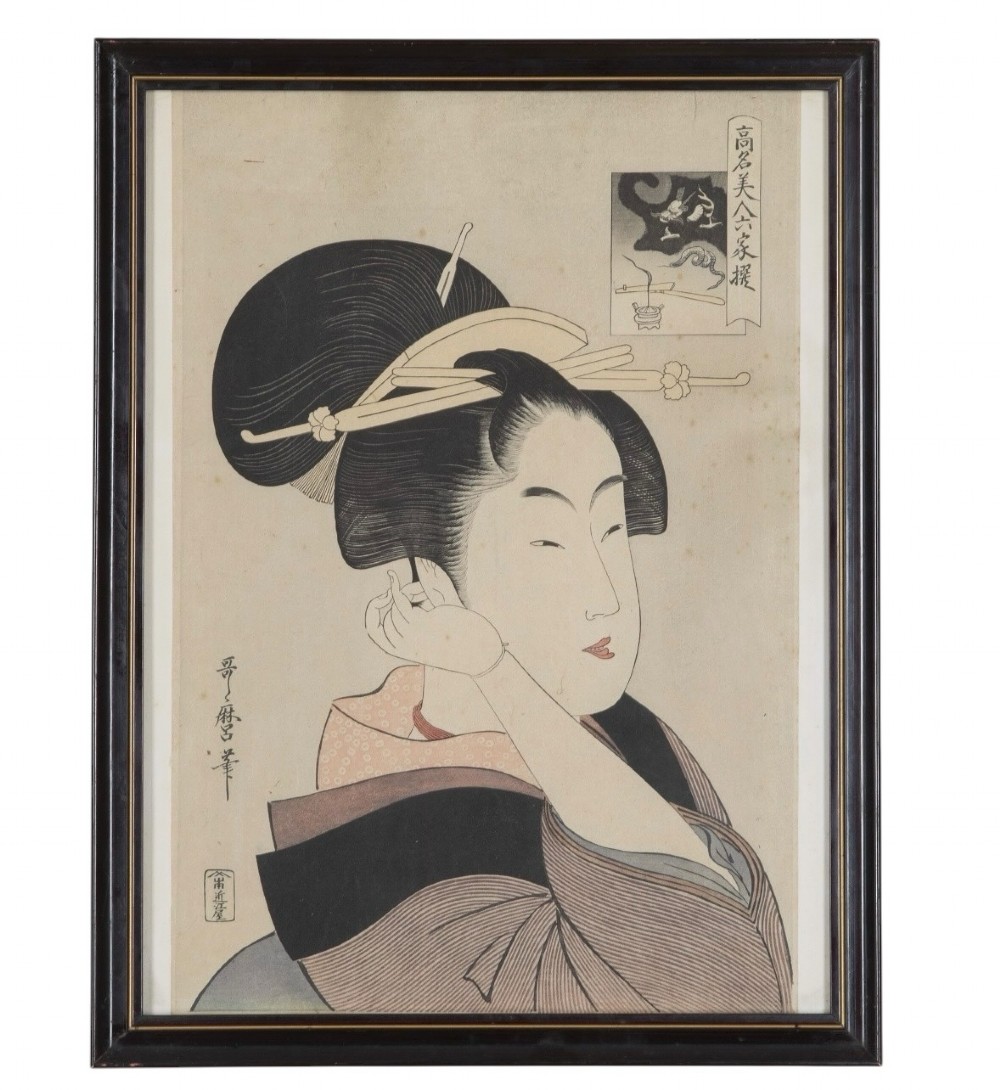 A set of four dark-framed Japanese ukiyo-e woodblock prints depicting traditional female portraits in muted tones on cream paper. View V