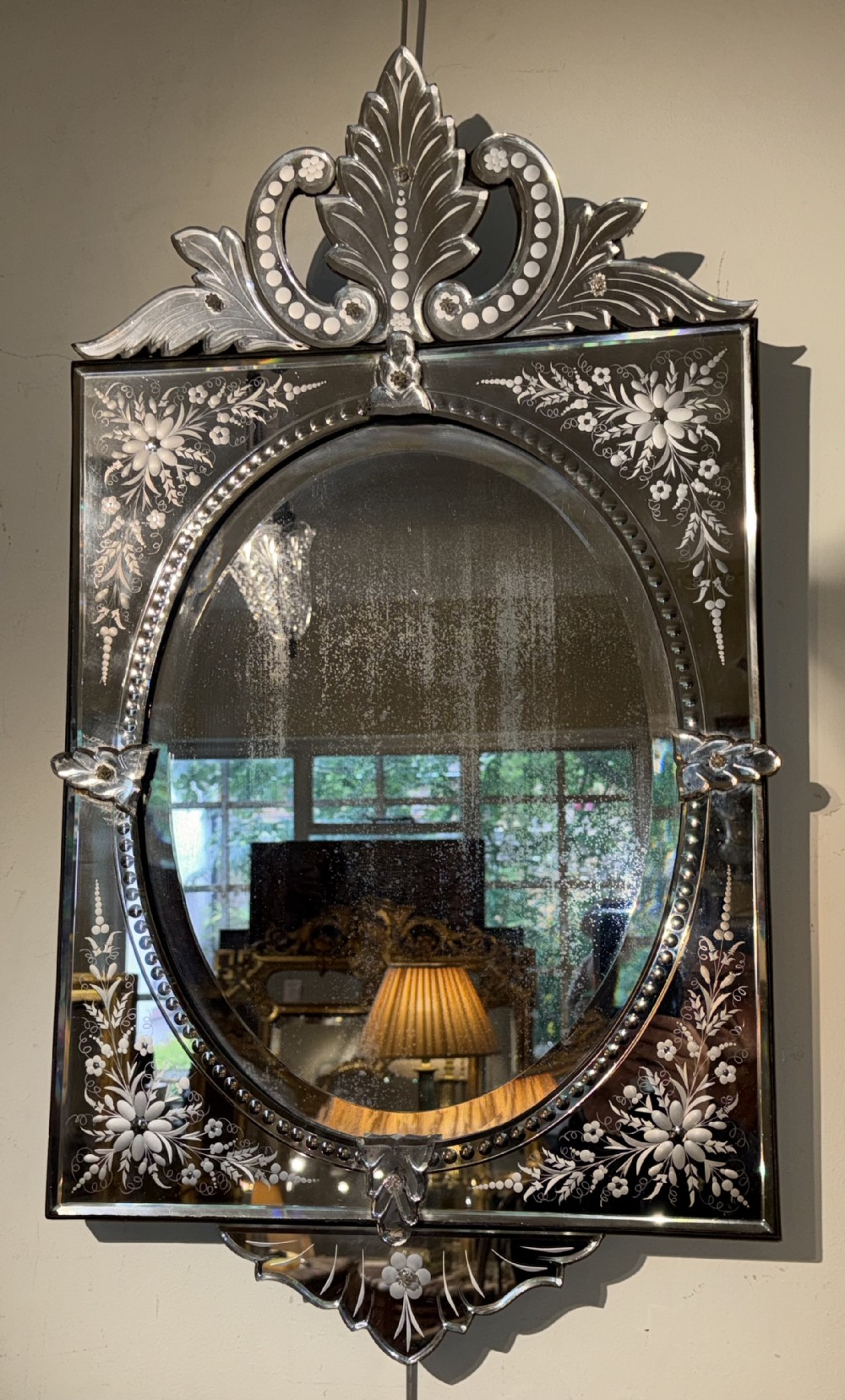 Small etched and cut glass Venetian mirror