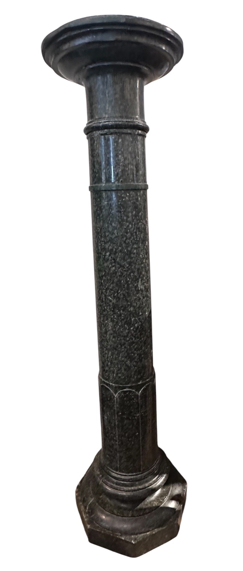 A 19th-century Italian dark green Verde Antico marble column with turned cylindrical shaft and an octagonal base.