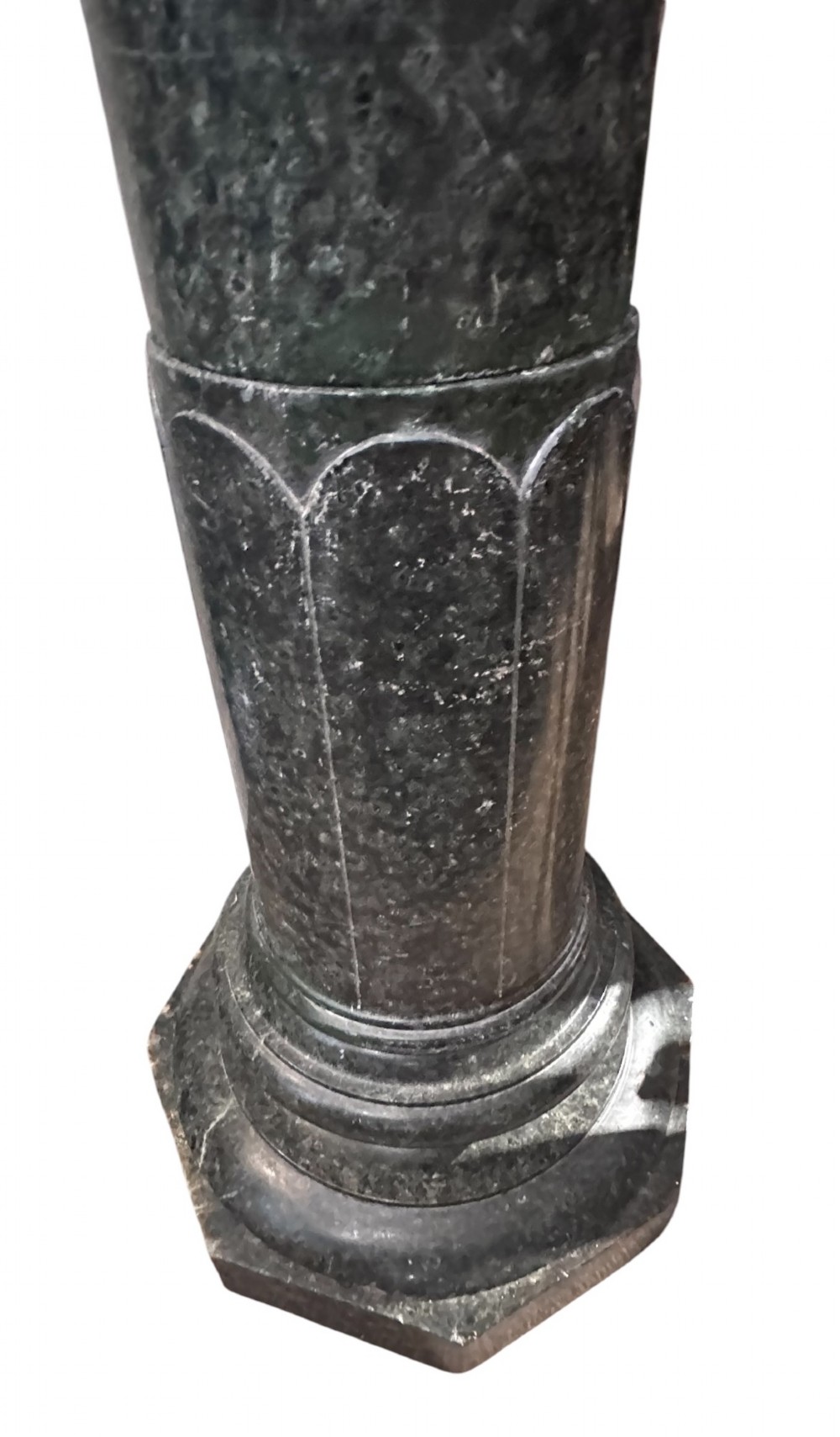 A 19th-century Italian dark green Verde Antico marble column with turned cylindrical shaft and an octagonal base. View II