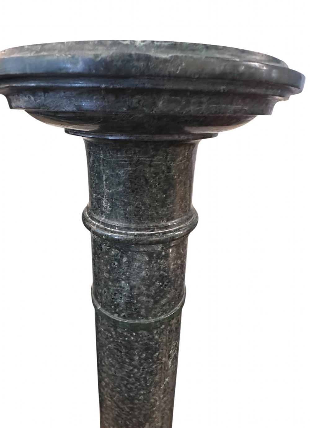 A 19th-century Italian dark green Verde Antico marble column with turned cylindrical shaft and an octagonal base. View III