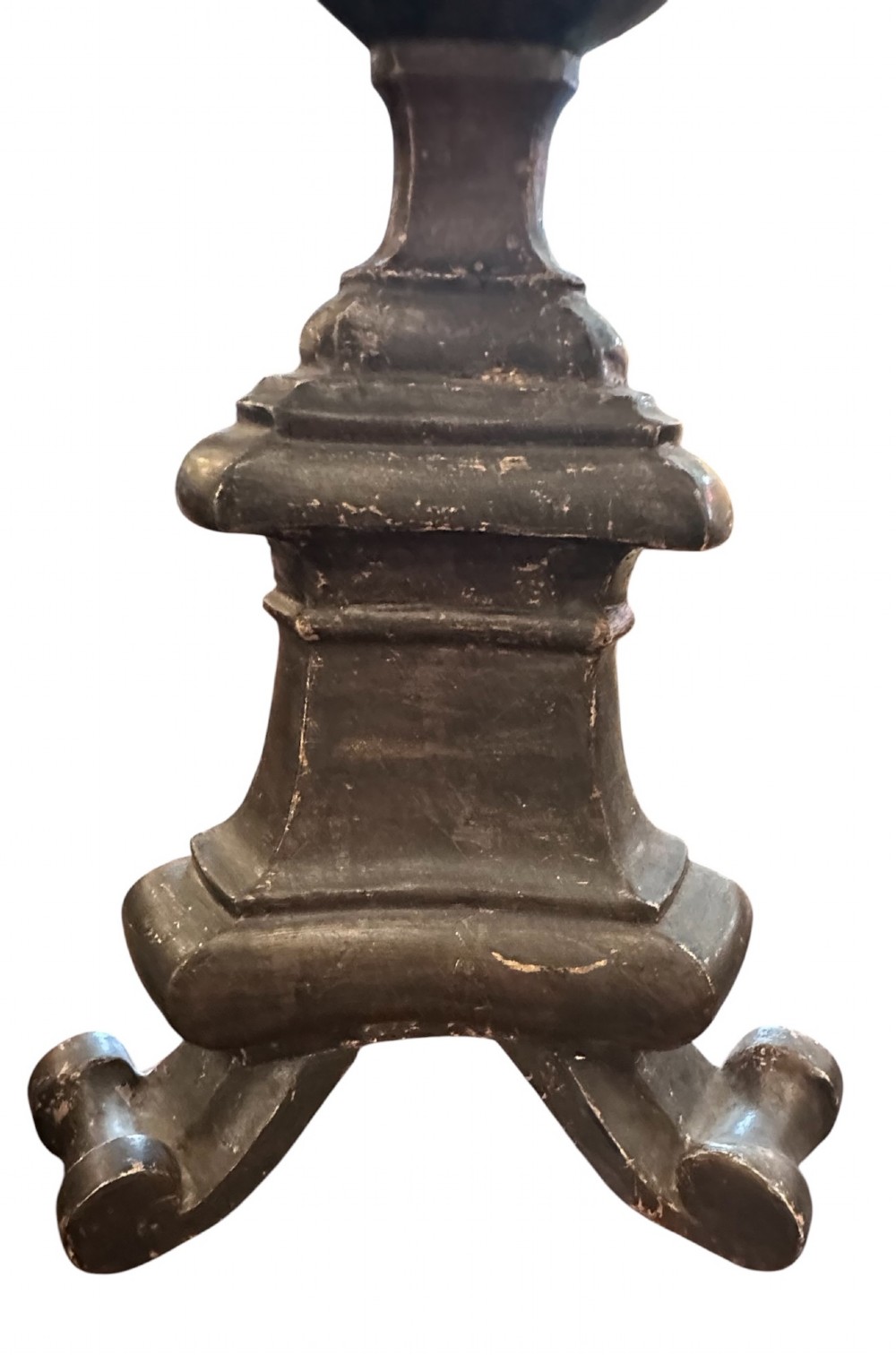 A pair of 19th-century French carved wooden pricket candlesticks featuring baluster turnings and tarnished silver leaf finishing. View II