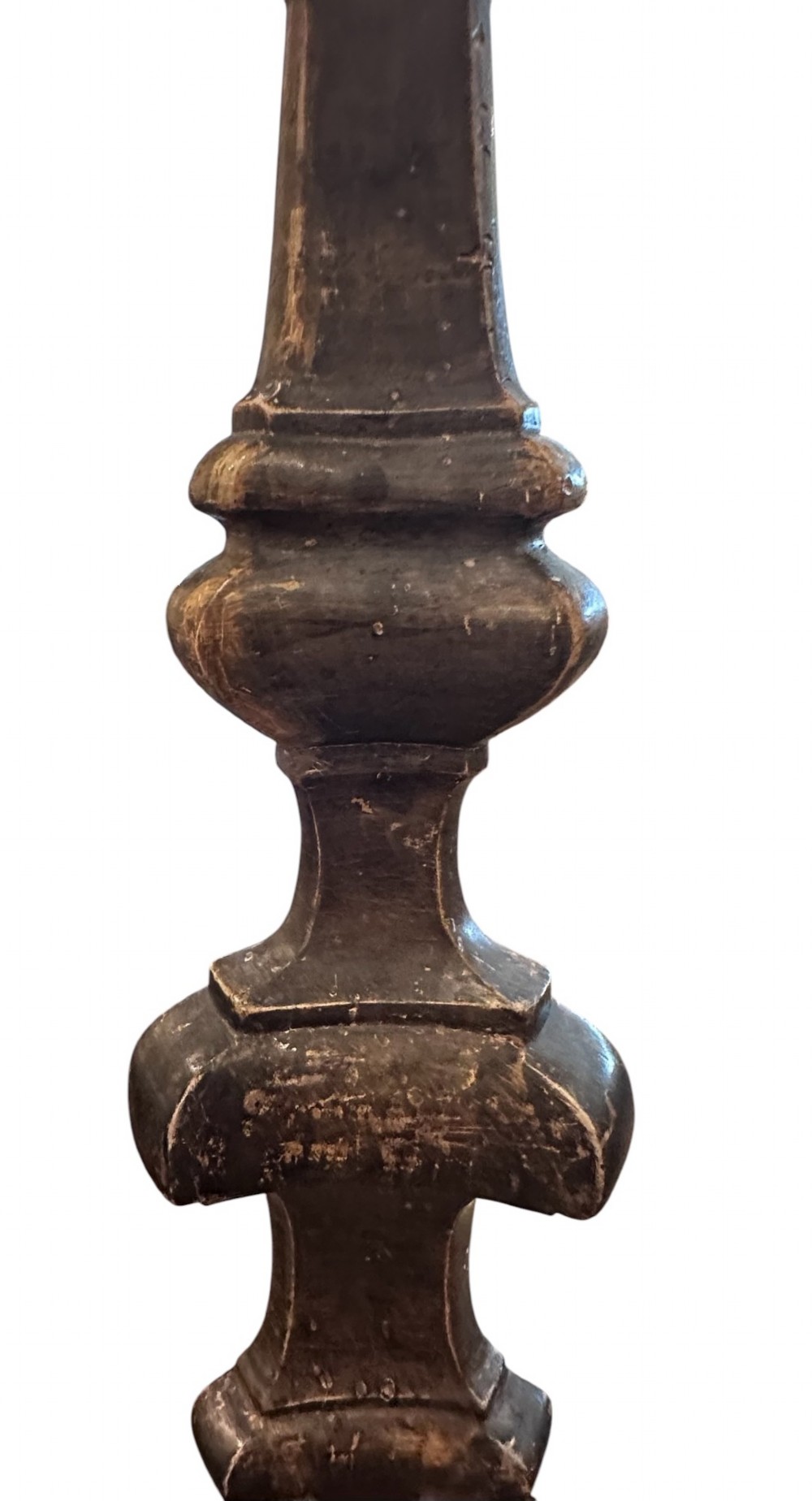 A pair of 19th-century French carved wooden pricket candlesticks featuring baluster turnings and tarnished silver leaf finishing. View III