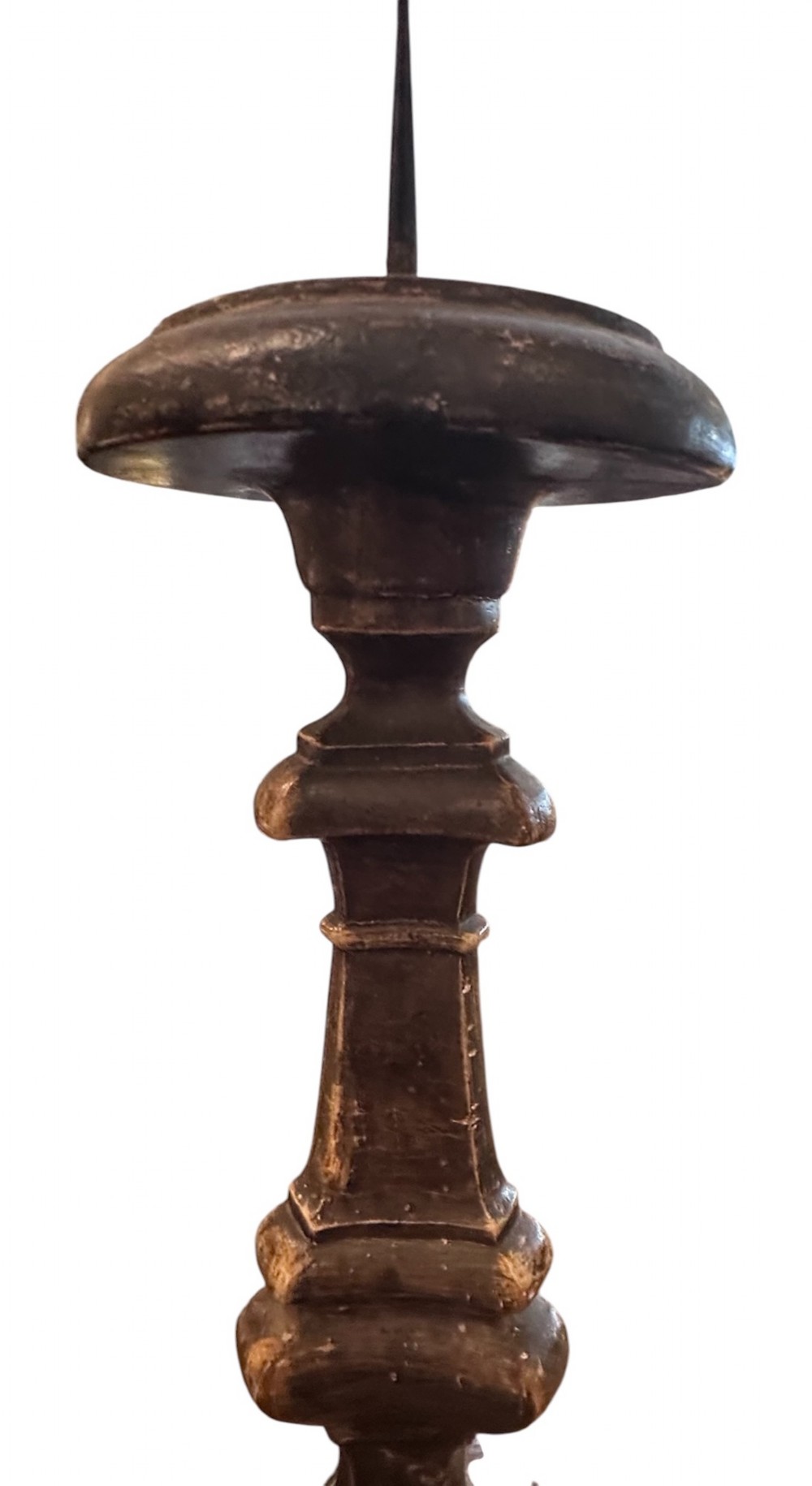 A pair of 19th-century French carved wooden pricket candlesticks featuring baluster turnings and tarnished silver leaf finishing. View V