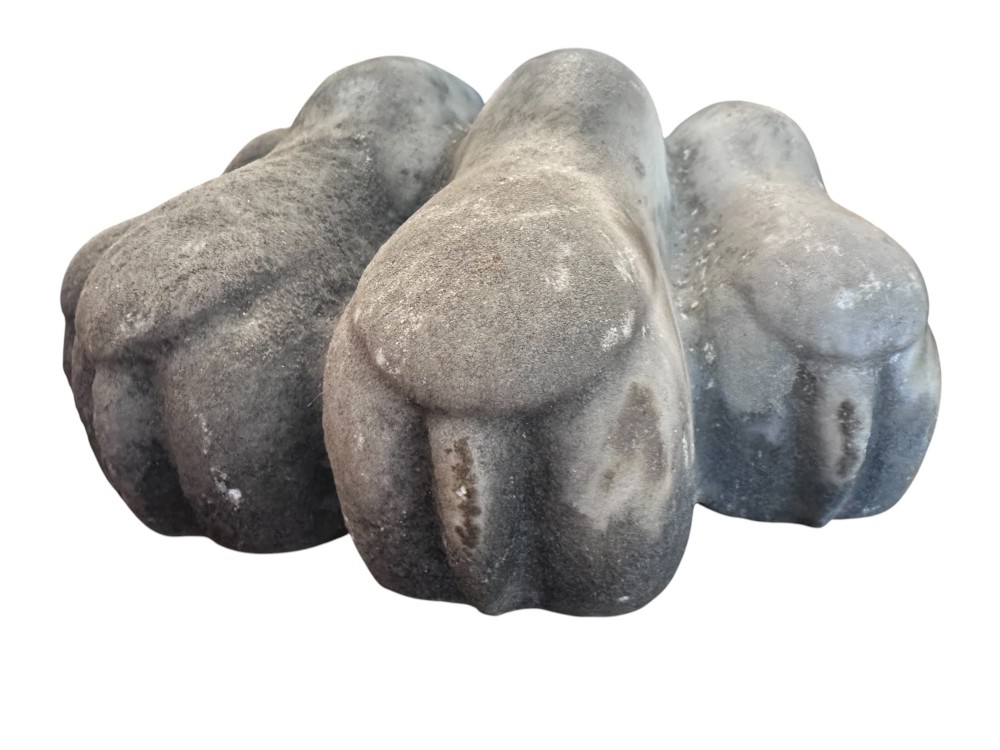 A carved light grey Carrara marble lions paw foot with detailed claws and a rounded collar base. View IV