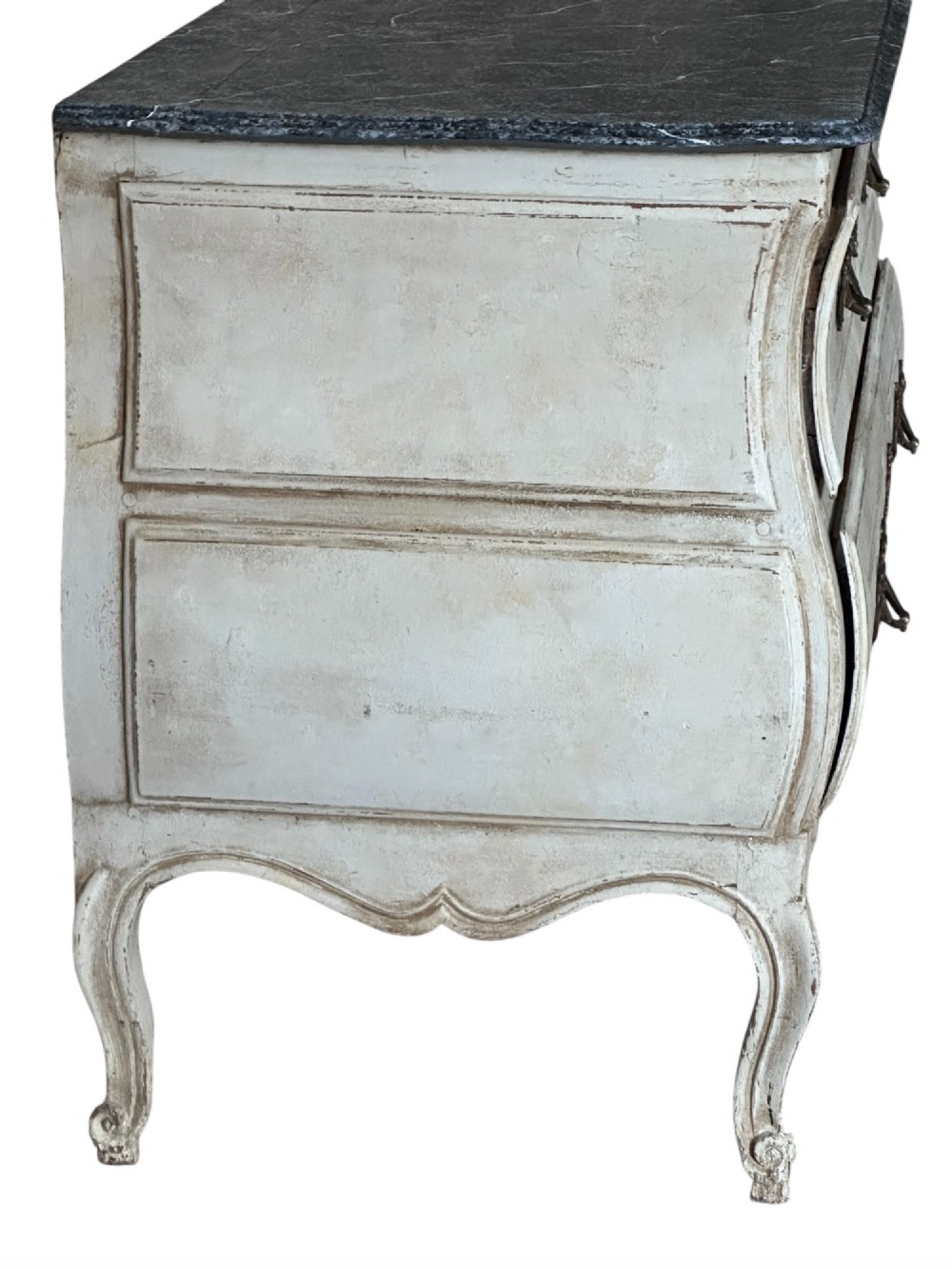 An 18th-century French Provencal style painted commode featuring a dark marble top, two wide drawers with ornate metal handles, and slender cabriole legs. View III